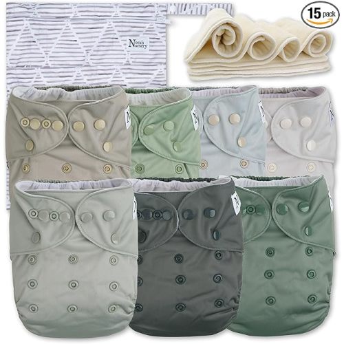 Nora's Nursery Morning Dew Cloth Diapers 7 Pack with 7 Inserts & 1 Wet Bag - Waterproof Cover, Washable, Reusable & One Size Adjustable Pocket Diapers for Newborns and Toddlers
