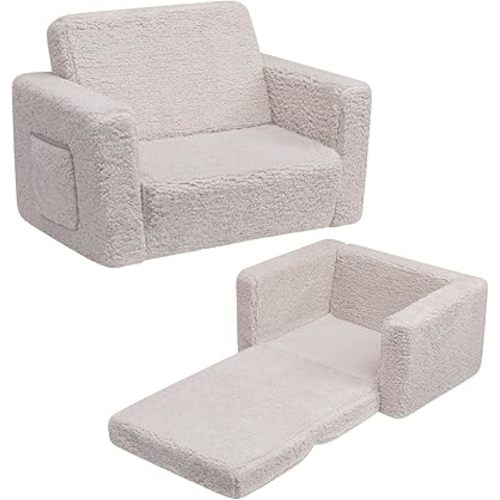 ALIMORDEN 2-in-1 Flip Out Cuddly Sherpa Toddler Couch, Convertible Sofa to Lounger, Light Grey