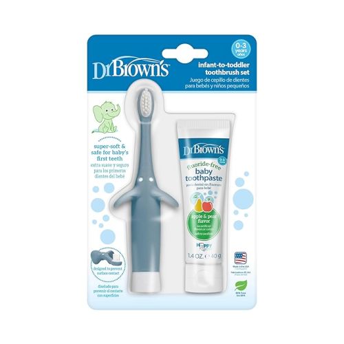 Dr. Brown's Infant-to-Toddler Training Toothbrush Set, Blue Elephant with Fluoride-Free Apple Pear Baby Toothpaste, 0-3 years