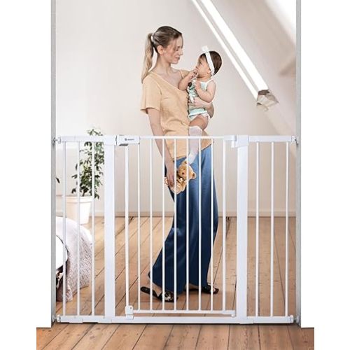COMOMY 36" Extra Tall Baby Gate for Stairs Doorways, Fits Openings 29.5" to 48.8" Wide, Auto Close Extra Wide Dog Gate for House, Pressure Mounted Easy Walk Through Pet Gate with Door, White