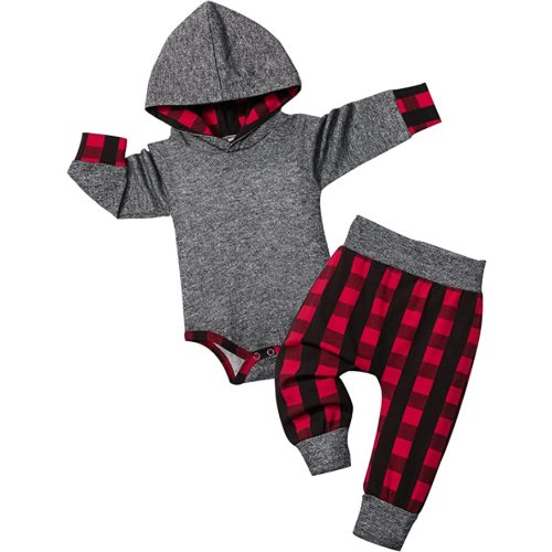 Fommy Newborn Baby Boy Clothes Plaid Letter Print Long Sleeve Hoodies + Long Pants 2PCS Fall Winter Outfits Set - Grey - 3-6 Months