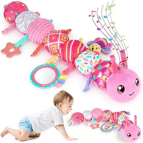 Baby Girls Toys 6-12 Months - Infant 6-in-1 Sensory Music Animal Stuffed Caterpillar Toy with Rattle & Mirror Crinkle for Tummy Time, Newborn 0 3 6 9 12 18 Shower Gifts Soothing Companion Toys, Pink