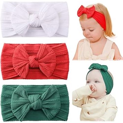 jollybows Baby Girl Headband Bows Nylon Head Wraps Newborn Hairbands Infant Toddler Hair Bow (4- Red Green White- Merry Christmas)