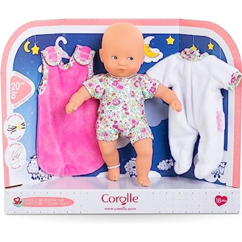 Corolle Mini Calin “Good Night” Blossom Garden - 8" Soft Boy Baby Doll with Vanilla Scent, White and Pink Pajamas, Sleeping Bag & Sleeping Eyes for Girls Ages 18 Months+, Cute Reborn Realistic