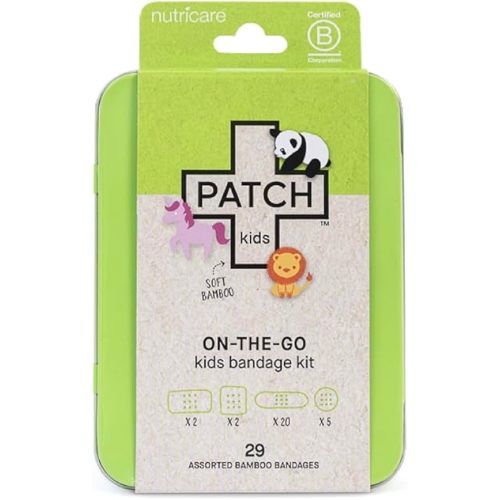Patch Kids On-The-Go Natural Bamboo Adhesive Bandage Kit for Sensitive Skin, Eco-Friendly Hypoallergenic Bandages for Sensitive Skin. Non Toxic Bandages for Boys & Girls with Cute Prints, 29 ct Small