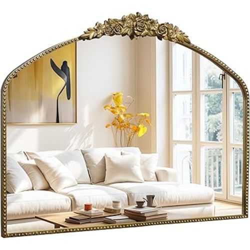 Antique Gold Arch Wall Mirror, 40"x31" Traditional Vintage Mantel Mirror with Ornate Metal Frame, Baroque Victorian Mirror for Fireplace/Entryway/Bathroom/Living Room/Hallway