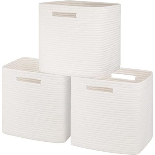 Cotton Rope Woven Baskets for Organizing, 3-Pack 11 * 11 Inches Shelf Storage Basket|Cube Storage Bin|Square Baskets, Living Room, Baby Room-White