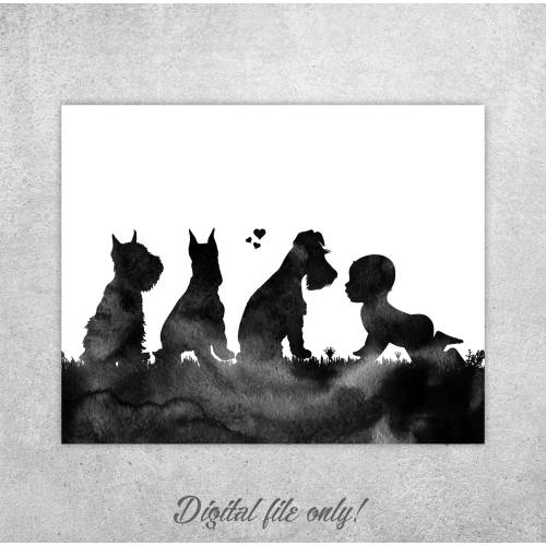 Baby and dogs print, Mini Schnauzer, 3 miniature dogs, Nursery decor, Dog lovers, Baby shower gift, Best friends print, INSTANT DOWNLOAD