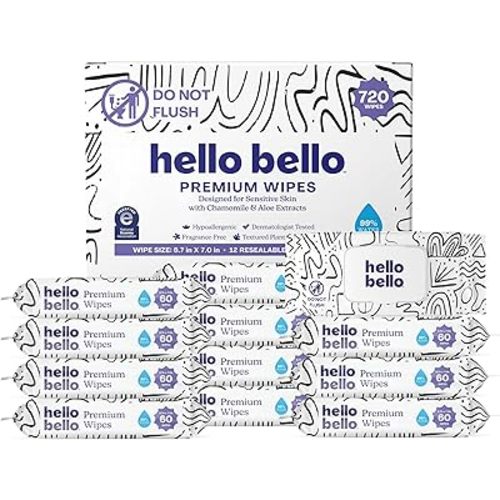 Hello Bello Premium Wipes, Designed for Sensitive Skin with Chamomile & Aloe Extracts, Playful Sketches (12 Resealable Packets = 720 Total Wipes)