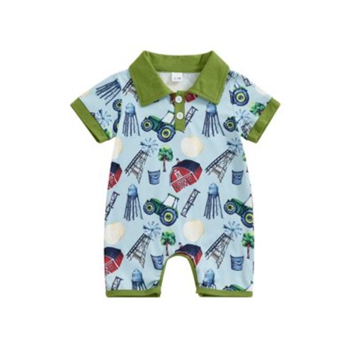 Newborn Baby Boy Western Outfits Tractors Horse Cow Print Cowboy Polo Romper Shorts Jumpsuit Summer One Piece Farm Clothes