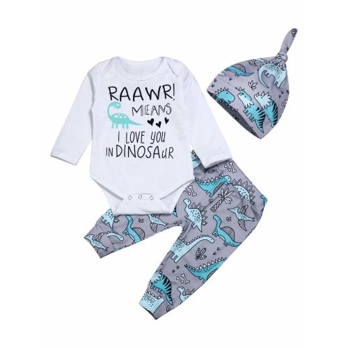 Newborn Baby Boy Clothes Long Sleeve Onesies Top + Dinosaur Pants + Cute Hat 3pcs Outfits Set (White, 6-9 Months)