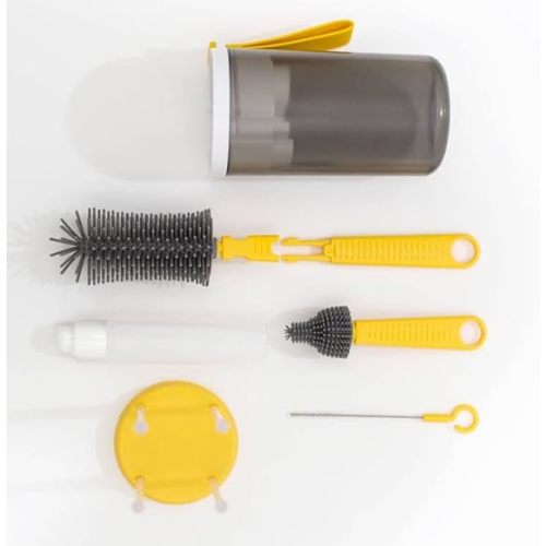 Teeny Travels Baby Bottle Cleaning Kit - Extendable Silicone Cleaning Brush, Built in Drying Rack, Straw Cleaner and Nipple Brush - Easy to Clean, Made for Travel, Family Friendly (Yellow)
