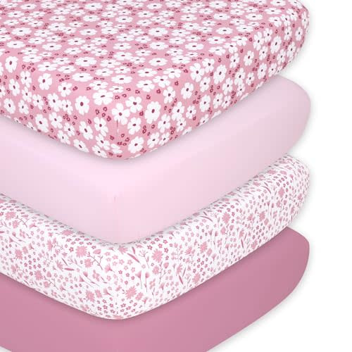 The Peanutshell 4-Pack Fitted Crib Sheet Set - Super Soft & Breathable Baby Girl Crib Sheets, Nursery Decor, Fit for Standard Mattress Cover- Daisy