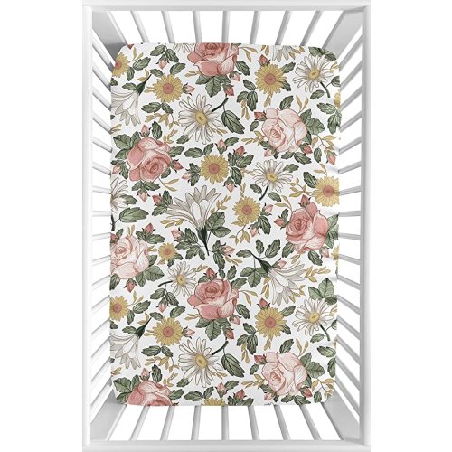 Sweet Jojo Designs Vintage Floral Boho Girl Fitted Mini Crib Sheet Baby Nursery for Portable Crib or Pack and Play - Blush Pink, Yellow, Green and White Shabby Chic Rose Flower Farmhouse
