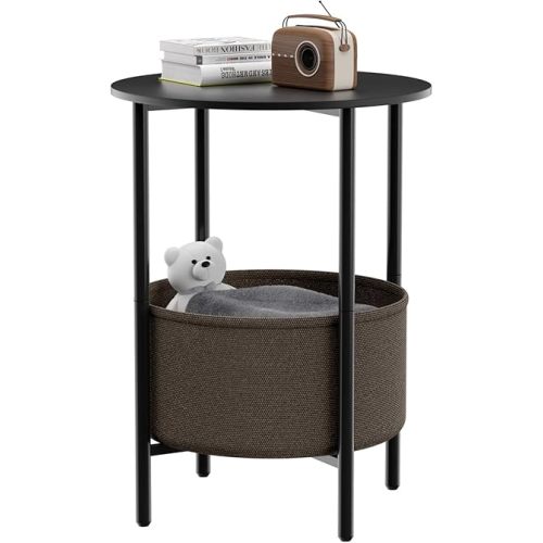 Round End Table with Fabric Basket, Bedside Table with Storage, Morden Round Nightstand, Samll Side Table for Living Room,Bathroom,Bedroom, Nursery, Laundry, Black