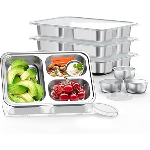 Stainless Steel Divided Plate for Kids Toddler, Non Toxic Portion Control Plate Dinner Plate with Lid for Adults Weight Loss, 4 Pack 3 Sections Rectangular Snack Plate Tray