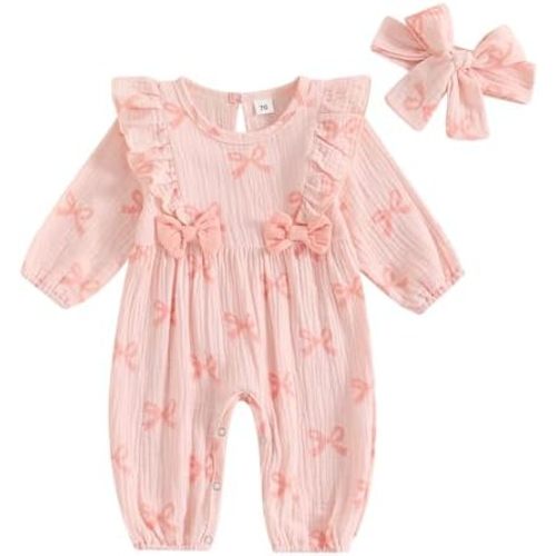 SAYOO Smocked Baby Girl Clothes Cotton Linen Floral Bubble Romper Long Leg Bodysuit Frill Trim Ruffle One-Piece Jumpsuit