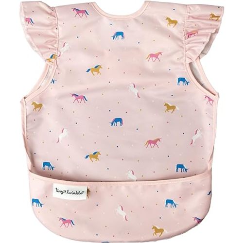 Tiny Twinkle Mess Proof Baby Bib - Waterproof & Lightweight Baby-Led Weaning Apron | 100% Recycled Polyester, Easy Clean & Machine Washable (Unicorn Confetti, Small 6-24 Months)