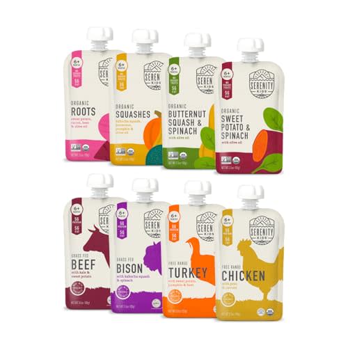 Serenity Kids 6+ Months Baby Food Pouches Puree Made with Ethically Sourced Meats & Organic Veggies - No Sugary Fruits or Added Sugar - 3.5 Oz BPA & Allergen Free Pouch- Baby Puree Variety Pack