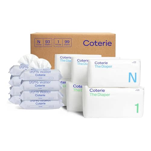 Coterie Baby Wipes + Diapers Kit, Size NB & Size 1 Diapers, 8-Pack Wipes | Includes Size 1 (99 ct), Newborn (93 ct), 8 pack (448 ct) wipes, 99% water, plant based, hypoallergenic for sensitive skin