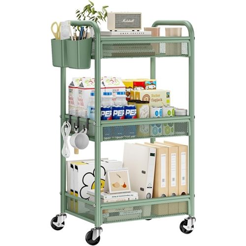 YASONIC 3 Tier Rolling Cart – Metal Utility Storage Carts with Wheels, Craft Carts Organizer with Hanging Cups, Hooks, Mesh Basket for Bedside Kitchen Office Art, Green