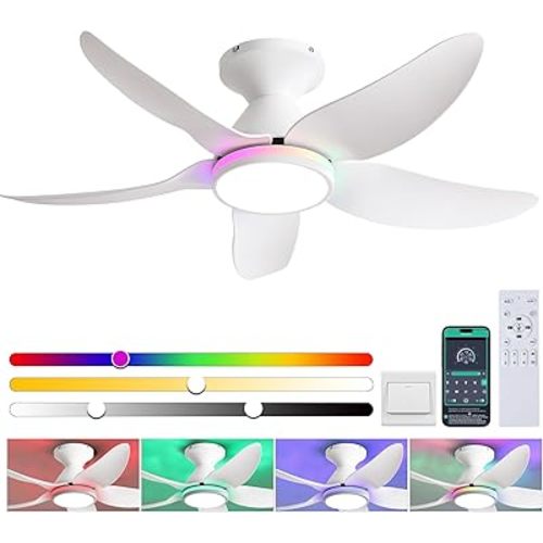 Ceiling Fans with Lights Remote/APP Control, 38" Low Profile Ceiling Fans with Dimmable White Colors+Ring RGB Lights, 6 Speeds 5 Reversible Blades for Kids Room Bedroom Living Room, White