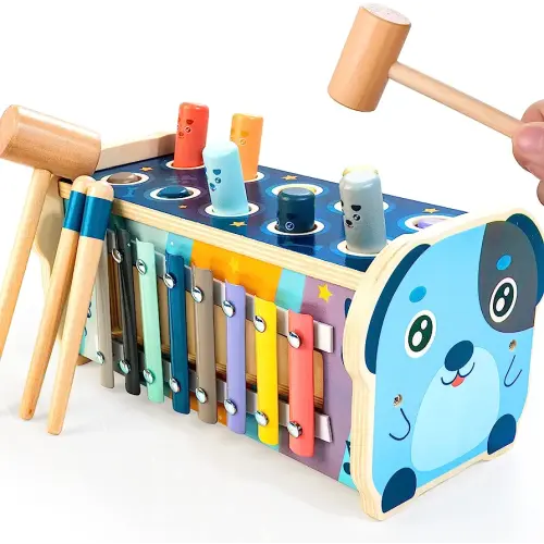 KIDWILL Montessori Pounding Toy for 1 2 Year Olds Wooden Hammering & Activity Board with Xylophone, Number Maze, Pounding Bench Educational Toddler Gift Toys Age 1-3