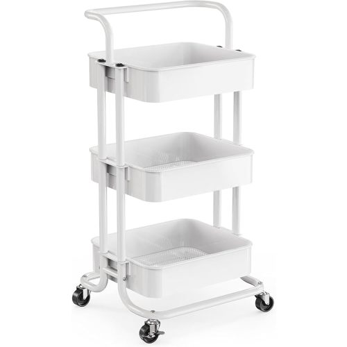 Pipishell 3 Tier Mesh Utility Cart, Rolling Metal Organization Cart with Handle and Lockable Wheels, Multifunctional Storage Shelves for Kitchen Living Room Office White