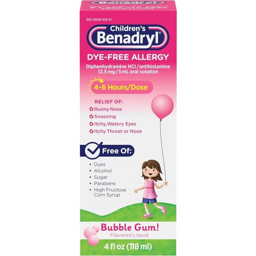 Benadryl Children's Dye-Free Allergy Liquid Medication with Diphenhydramine HCl, Antihistamine Allergy Relief Medication for Kids, Alcohol-Free, Bubble Gum Flavor, 4 fl. oz