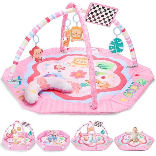 deAO Baby Gym Play Mat Tummy Time Mat Baby Activity Mat with Hanging Sensory Toys Motor Development Playmat, Washable Playmat Ball Pit Soft Pillow Babies Gift for Infant 0-3-6-12 Months