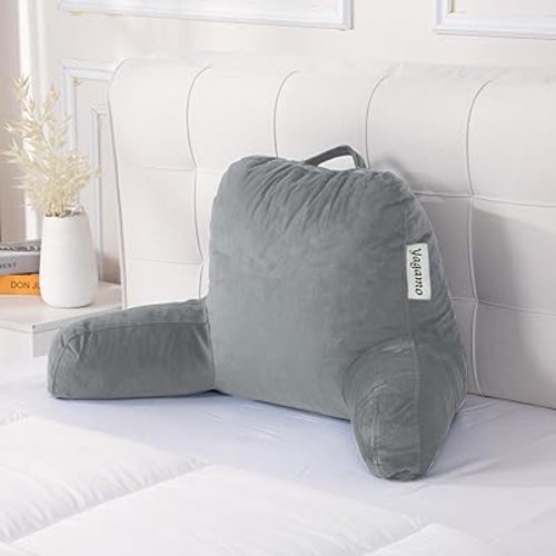 Reading Pillow for Bed with Adjustable Memory Foam,Large Adult Backrest with Arms, Back Pillow for Sitting in Bed with Washable Cover- Large, Gray