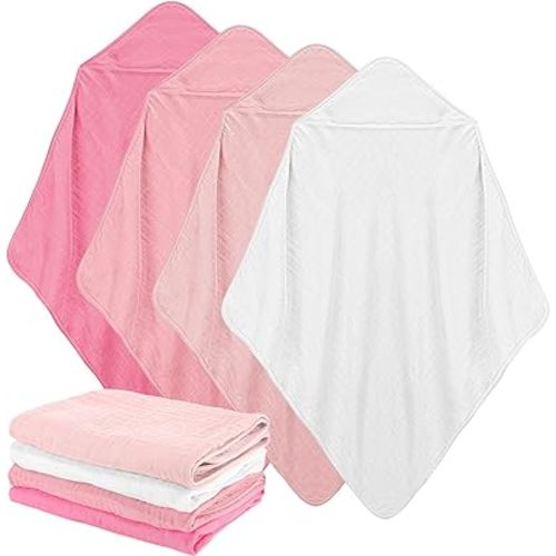 Preboun 4 Pcs Muslin Hooded Baby Towels,32"x 32" Cotton Newborn Bath Towel Muslin Infant Baby Blankets Absorbent Unisex Newborn Registry Gift for Girls Boys(Pink Series)