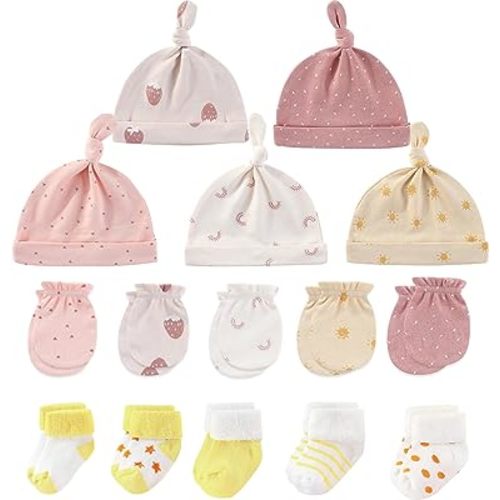 Baby Caps Mittens and Thick Warm Socks Cotton Newborn Essentials Accessories (Hats+Gloves+Terry Socks),0-6 Months