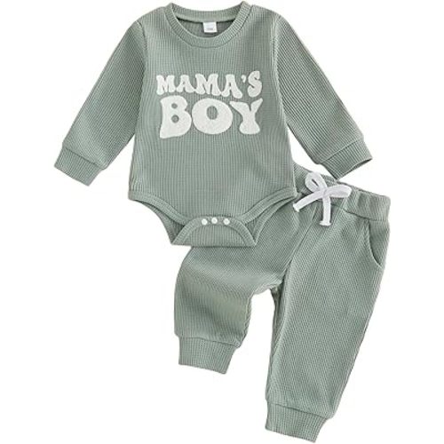 allshope Newborn Baby Boy Fall Outfit Romper Long Sleeve Letter Embroidery Jumpsuit Bodysuit Pants Infant Waffle Clothes Set