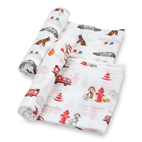 LollyBanks 2 Pack Muslin Swaddle Blanket, 100% Muslin Cotton Swaddle Blankets for Baby Boys, 47 X 47 Inches Soft Baby Boy Receiving Blankets, Baby Essential, Registry (Police and Fire Dog Print)