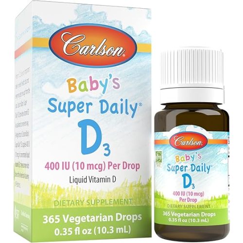 Carlson - Baby's Super Daily D3, Baby Vitamin D Drops, 400 IU (10 mcg) per Drop, 1-Year Supply, Vegetarian, Liquid Vitamin D for Infants and Toddlers, Unflavored, 365 Drops