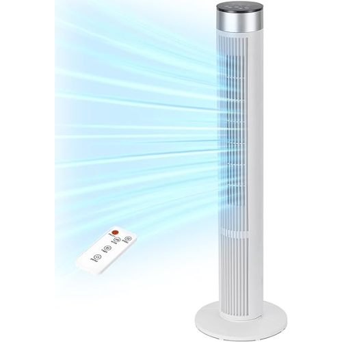 38 Inch Tower Fan for Bedroom, 24ft/s Fan with Remote, 80° Oscillating Bladeless Standing Fan with 3 Speeds, 3 Modes, 7.5H Timer for Room, Bedroom, Office, White