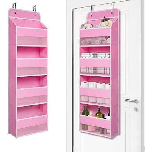 Over Door Organizer with 4 Large Capacity Pockets, Heavy Duty Hanging Organizer Storage for Closet Bathroom Nursery Bedroom Dorm, Toys Cosmetics Sundries and Baby Essentials, Pink