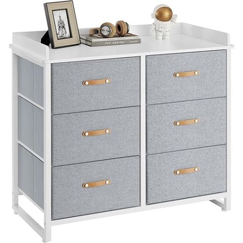 SONGMICS Dresser for Bedroom with 6 Drawers, Chest of Drawers, with Water-Resistant Changing Table, Storage Organizer Cabinet, for Kids Room Nursery Living Room Hallway, Gray UGKR101G01