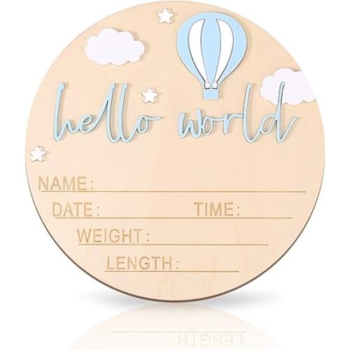 Wooden Baby Announcement Sign, 5.9 Inch Hello World Newborn Name Sign for Boy or Girl Birth Announcement Name Board for Hospital Nursery Decor Baby Shower Photo Prop