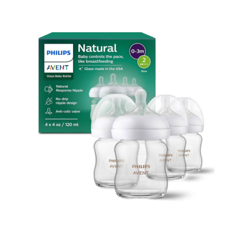 Philips Avent Natural Glass Baby Bottles with Natural Response Nipples (Slow Flow, Flow 2), 4oz, 4-Pack, SCY910/04