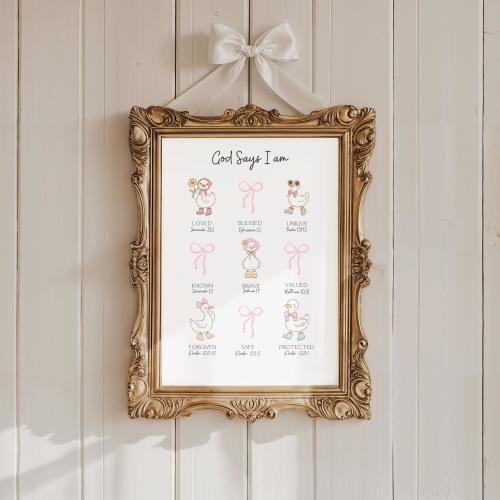 God Says I am Biblical Affirmations Silly Goose Christian Nursery Print Inspirational Scripture Print Kids Room Christian Wall Art