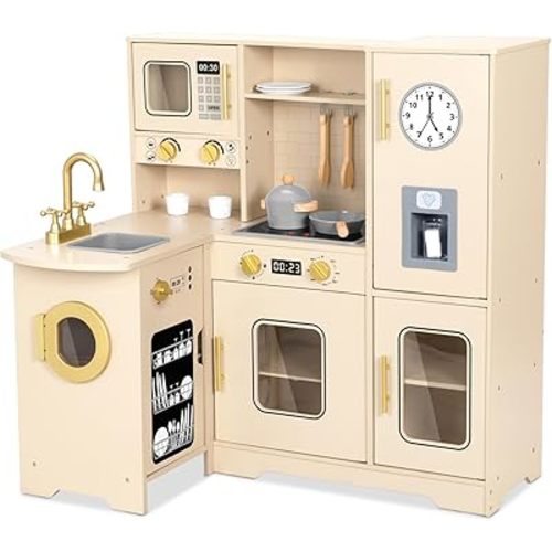 OOOK Kids Kitchen Playset for Toddlers 3-5, Wooden Play Kitchen Set with Realistic Washing Machine, Microwave, Oven, Stove, Refrigerator, Including 15 Pcs Accessories