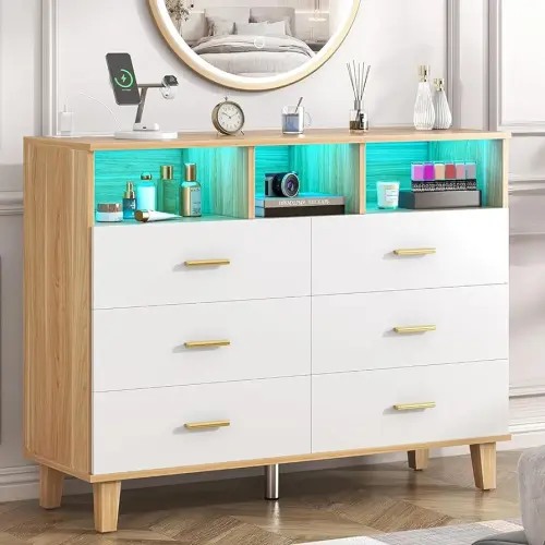 Dresser for Bedroom,White 6 Drawer Dresser with LED Light and Power Outlet,Tall Wide Dressers Chests of Drawers,Organizer Storage Drawers for Hallway, Entryway,Bedroom