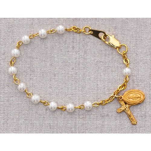 Pearlized Baby Rosary Bracelet with Gold Over Pewter Medals