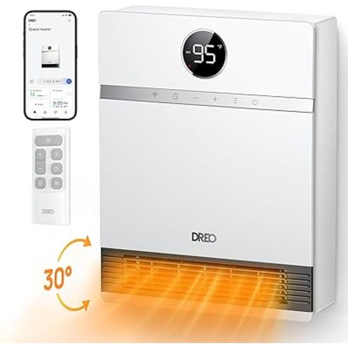 Dreo Smart Wall Heater, IP24 Electric PTC Space for Indoor Use, 30 Oscillation, Adjustable Thermostat, Remote Control, Works With Alexa, 24H Timer, Easy-Mounted for Bedroom, Office