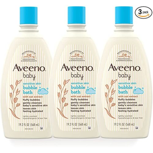 Aveeno Baby Sensitive Skin Bubble Bath with Oat Extract, Gently Cleanses and Leaves Skin Feeling Hydrated, Tear-Free Formula, Hypoallergenic, Soap- & Dye-Free, 19.2 fl. Oz, Pack of 3 - 19.2 Fl Oz (Pack of 3)