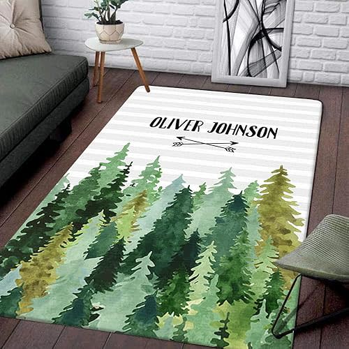 ENCYCOM Personalized Green Woodland Rug, Playmat with Custom Name, Pine Forest Rug, Playmat for Nursery Decor, Forest Rug Play Mat, Tree Theme Nursery