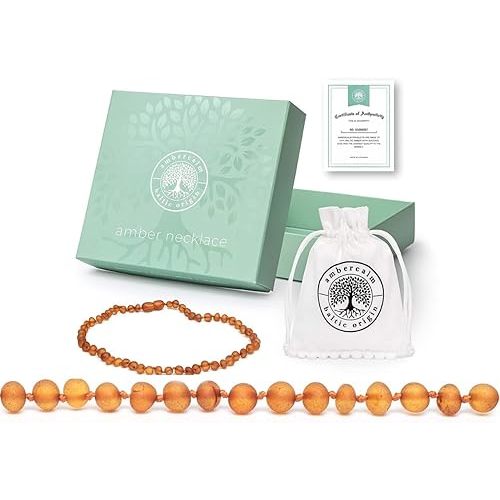 Baltic Amber Teething Necklace - Raw Unpolished Amber Baroque w/Certified Genuine Baltic Amber Cognac 12.5 Inches