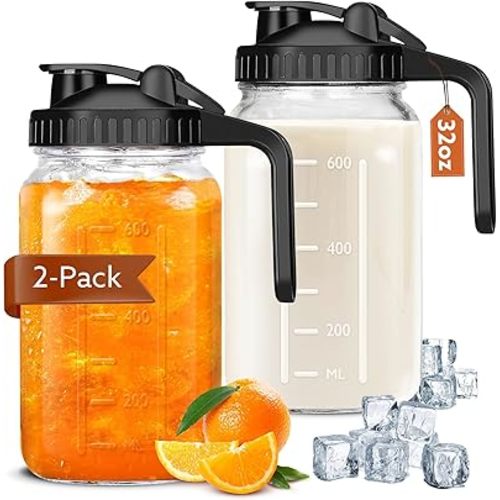 Mason Jar Pitcher With Lid and Spout, 32 OZ Glass Milk Pitcher for milk, Glass Jug Sun Tea Pitcher, Fruit Drinks Container, Mason Jar Pour Spout Lid with Wide Mouth for Fridge(2Pack,Black)